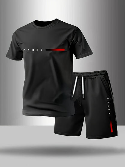 【Pago contra entrega】Conjunto deportivo de verano de 2 piezas para hombre: cómoda camiseta de manga corta y pantalones cortos para el día a día y el hogar.-E