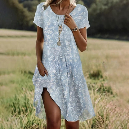 🔥👗【S-3XL】👗Nowa wiosenno-letnia kolekcja 2025, luźna lniana sukienka w kwiaty z okrągłym dekoltem.