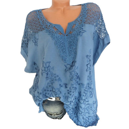 💝 2025 Top tricou cu mânecă scurtă din dantelă pentru femei, cu decolteu în V 3690094