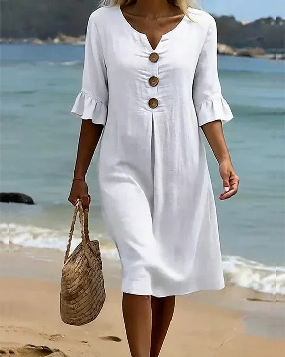 【S-3XL】Vestido de mujer de algodón y lino con mangas abullonadas y botones-E