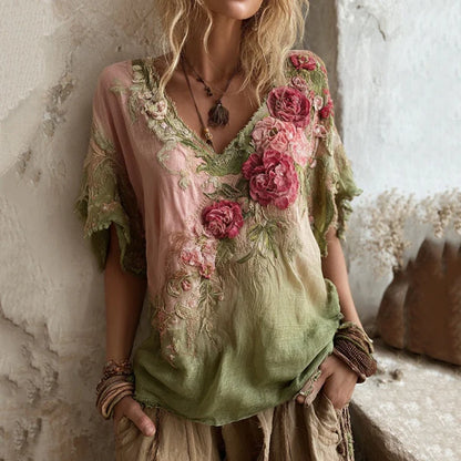💕 Blusa elegante con cuello en V profundo y estampado floral 【Oferta limitada: compra uno y llévate otro gratis】 Tallas S-4XL-E