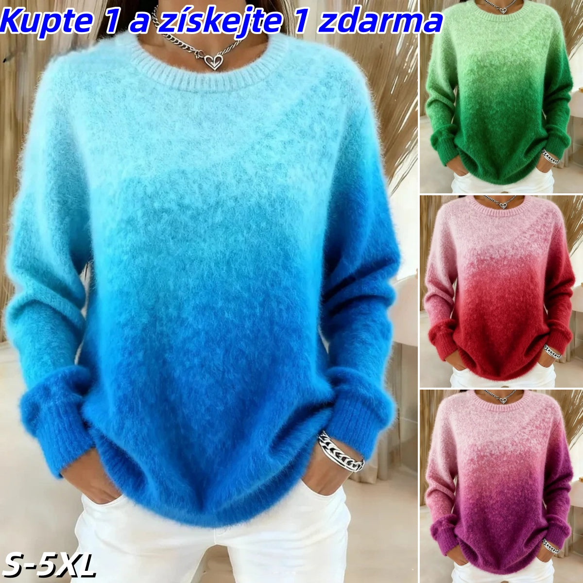 🔥 Compra 1 y llévate 1 gratis 🔥【XS–5XL】Suéter de cuello redondo con diseño degradado, material afelpado, cálido y cómodo-E