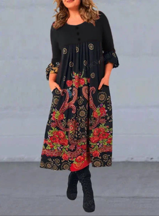 【Tallas S-5XL】👗Nuevo vestido casual de manga larga con estampado retro para otoño/invierno 4152909-E