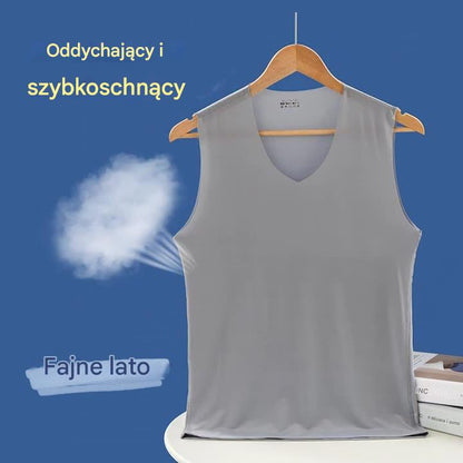 ❄️【Kup 3, otrzymaj 2 gratis – razem 5 sztuk 🔥】【L–5XL】Letni męski podkoszulek z jedwabiu lodowego, bezszwowy, cienki fason, duże rozmiary