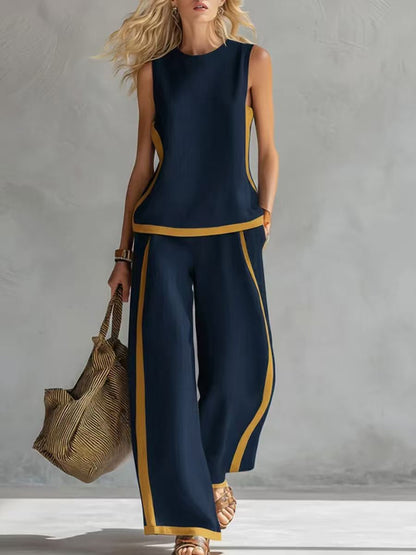 🔥 ¡Nueva llegada de verano! 😍 2026 Nuevo conjunto moderno de dos piezas para mujer: top sin mangas con detalles en contraste y pantalones de pierna ancha - Estilo veraniego, casual y chic.-E