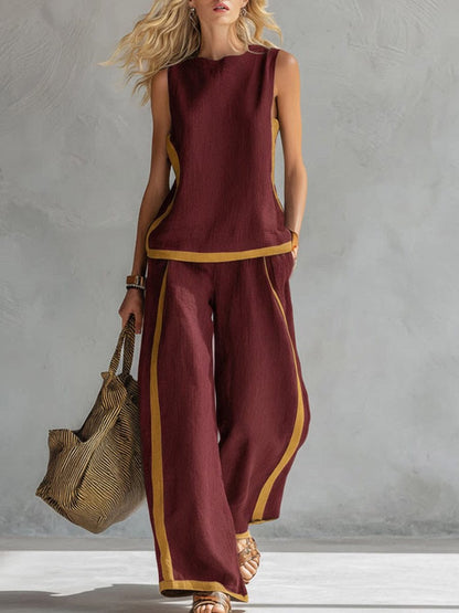 🔥 ¡Nueva llegada de verano! 😍 2026 Nuevo conjunto moderno de dos piezas para mujer: top sin mangas con detalles en contraste y pantalones de pierna ancha - Estilo veraniego, casual y chic.-E