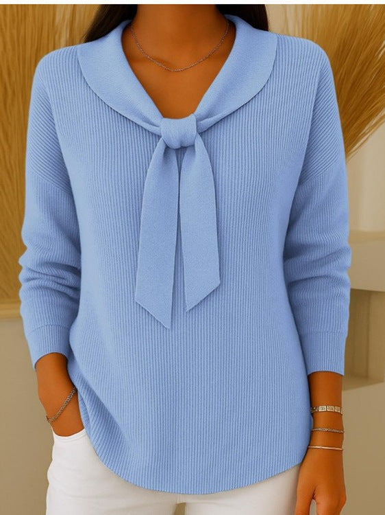 ✨Súper cómodo de llevar💕【S-5XL】Suéter de mujer de color sólido con lazo y manga larga, estilo holgado y relajado-E