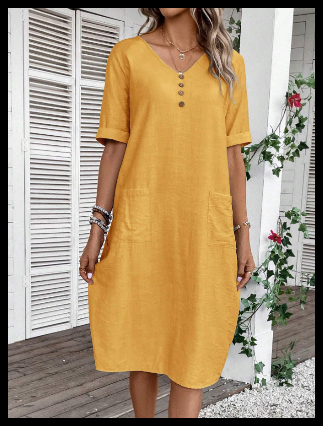 【S-3XL】Vestido de mujer de algodón y lino con mangas abullonadas y botones