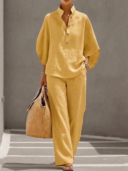 Maribel | Conjunto de lino con mangas murciélago y pantalón ancho-E