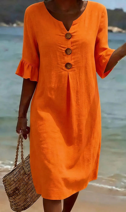 【S-3XL】Vestido de mujer de algodón y lino con mangas abullonadas y botones-E