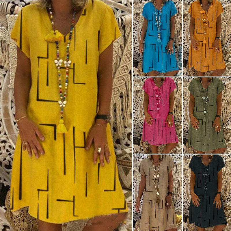 【SLEVA 45 %】👗【S-5XL】Bavlněné šaty s potiskem a výstřihem do V 4245139-Z