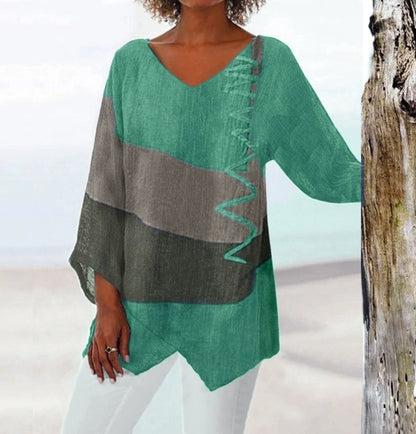 ⏳ Poslední den – sleva 50 % 😍【S~5XL】Dámský elegantní ležérní top s výstřihem do V a dlouhým rukávem, uměleckým vzorem a potiskem-Z