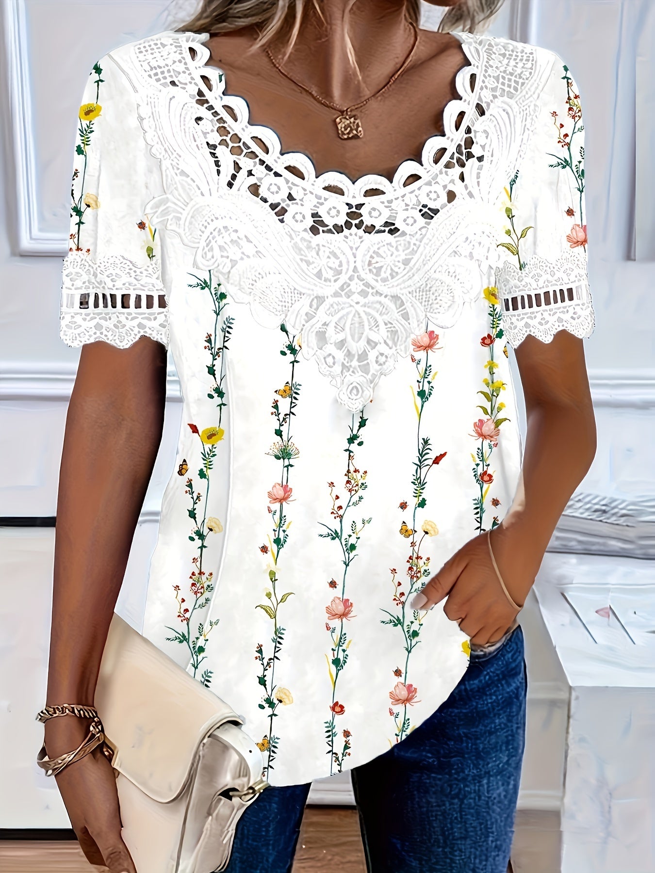 💕🌺【S-6XL】 2025, noua moda, confortabil, respirabil, tricou casual din dantela pentru femei